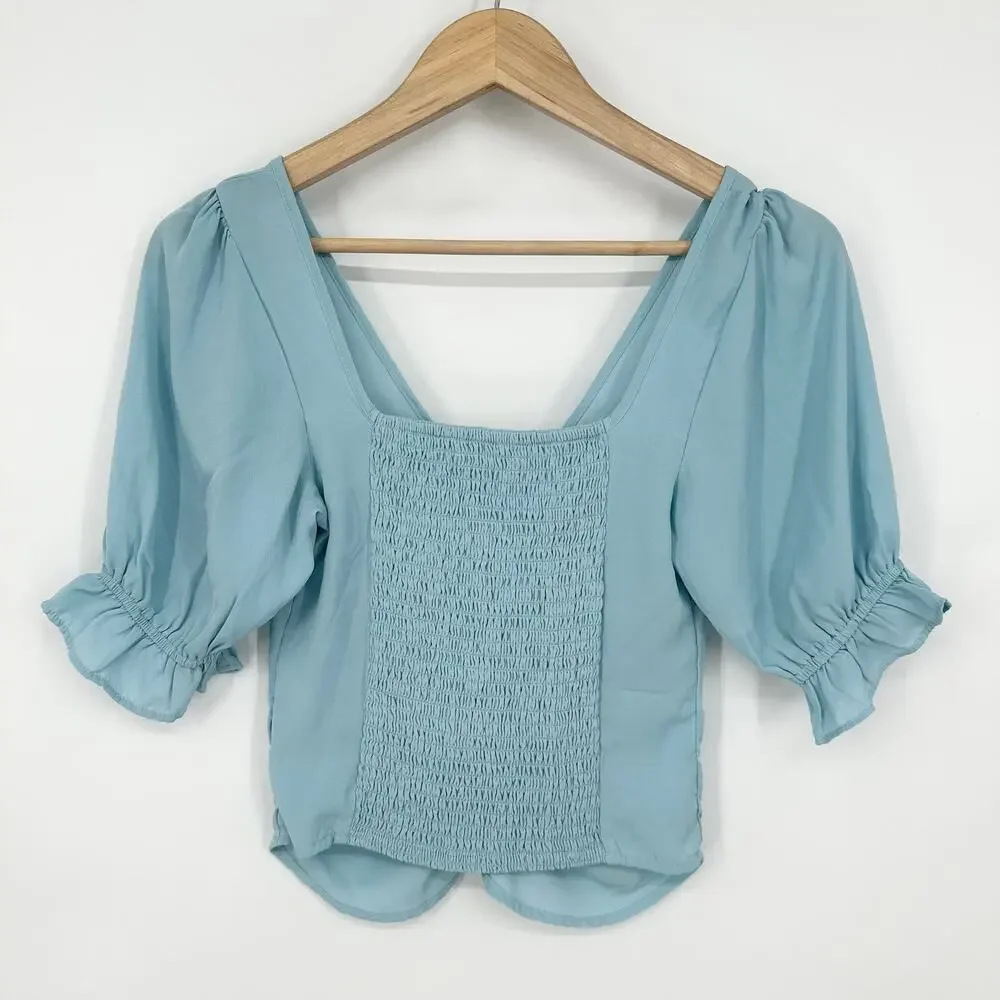 Abercrombie & Fitch Cinch Front Puff Sleeve Top V-Neck Ruffle Smocked Blouse